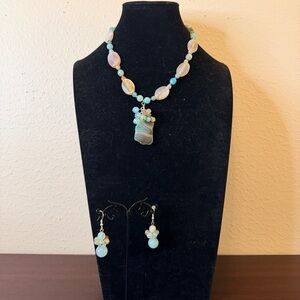 Handmade Pastel Agate Pendant Necklace and Earrings Set - Multicolor